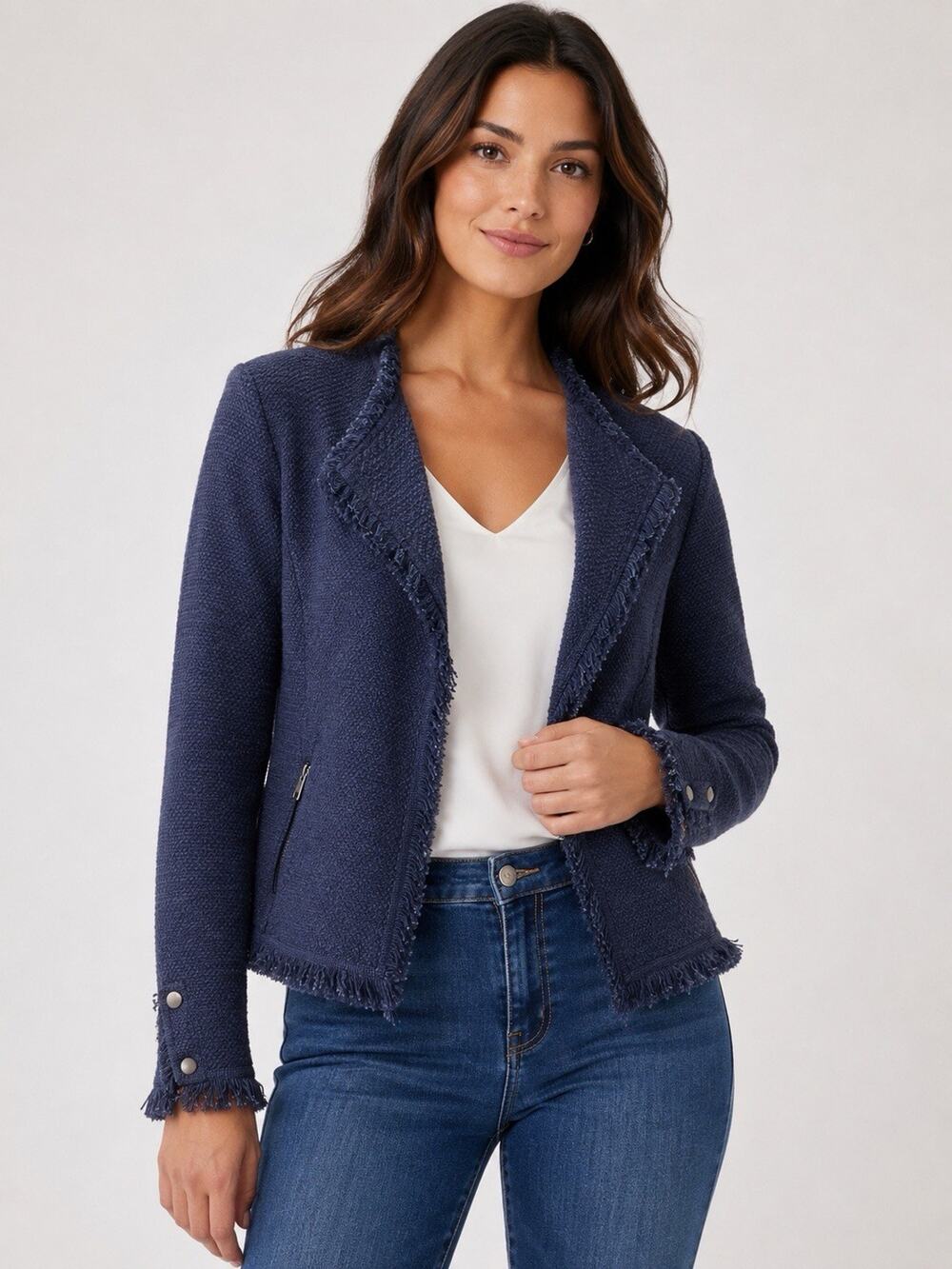 NIC+ZOE Women’s Small Navy Fringe Knit Moto Jacket Zip Pockets NWT